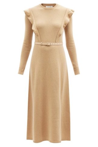 Chloé - Ruffled-shoulder Cashmere Midi Dress Beige Multi