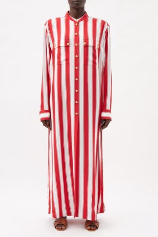 Balmain - Striped Twill Maxi Shirt Dress Red Stripe