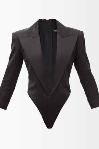 Balmain Plunge-neck Tailored Satin Bodysuit Black