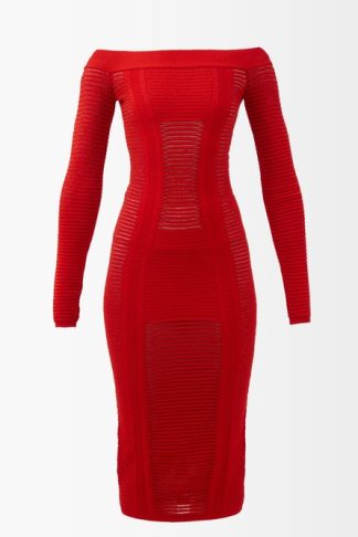 Balmain - Cutout-rib Off-the-shoulder Knitted Dress Red