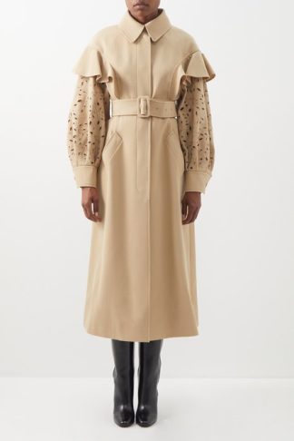 Chloé - Broderie-anglaise Wool-gabardine Trench Coat Beige