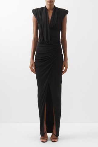 Balmain - Padded-shoulder Draped Jersey Dress Black
