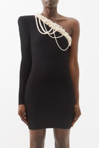 Balmain - One-shoulder Embellished Jersey Mini Dress Black