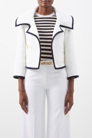 Valentino - Oversized-lapel Cropped Tweed Jacket White Navy