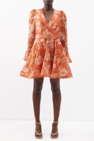 Zimmermann - Kaleidoscope Beaded Floral-print Linen Dress Orange Print