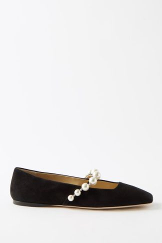 Jimmy Choo Ade Faux Pearl-embellished Suede Ballet Flats Black White