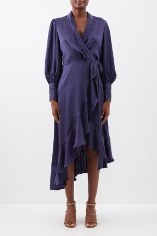 Zimmermann Ruffled Asymmetric Silk-satin Wrap Dress Dark Navy