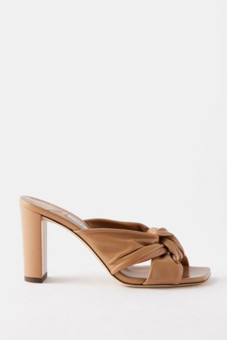 Jimmy Choo Avenue 85 Knotted Leather Mules Light Brown