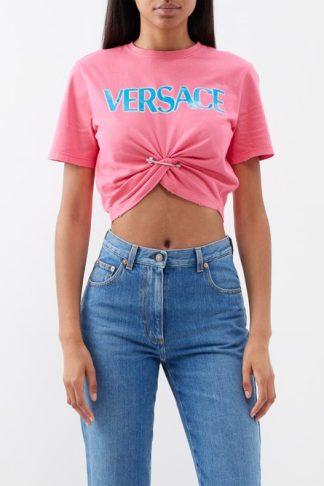 Versace Safety Pin Logo Jersey Cropped T-shirt Blue Pink
