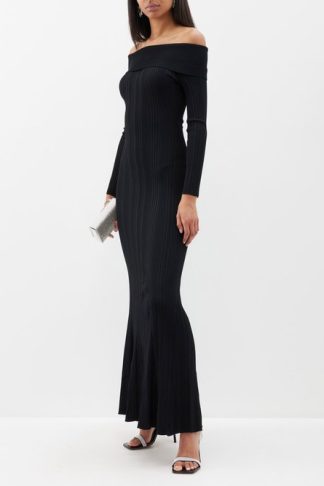 Self-portrait Off-the-shoulder Ribbed-knit Jersey Maxi Dress Black