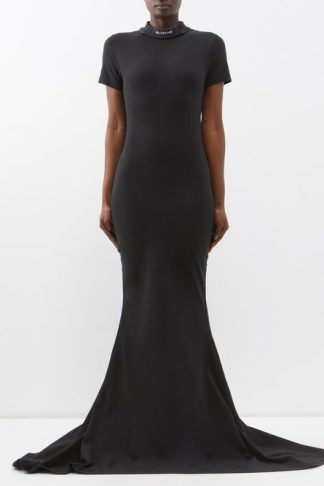 Balenciaga Distressed-collar Cotton-blend T-shirt Dress Black