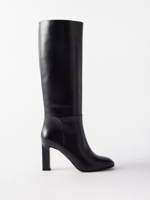 Buy Aquazzura Sellier 85 Leather Knee Boots Black Online | Coshio