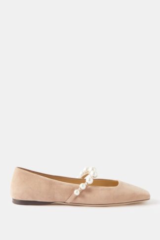 Jimmy Choo Ade Faux Pearl-embellished Suede Ballet Flats Dusty Pink