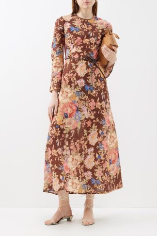 Zimmermann August Floral-print Linen Dress Brown Multi