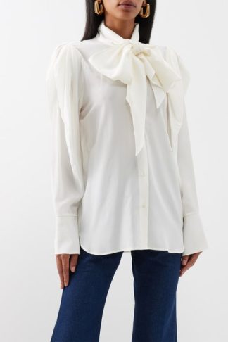 Nina Ricci Pussybow Silk Crepe De Chine Shirt White