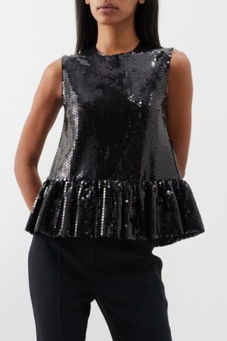 Nina Ricci Peplum-hem Sequin-embellished Top Black