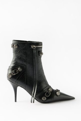 Balenciaga Cagole 90 Leather Ankle Boots Black Silver