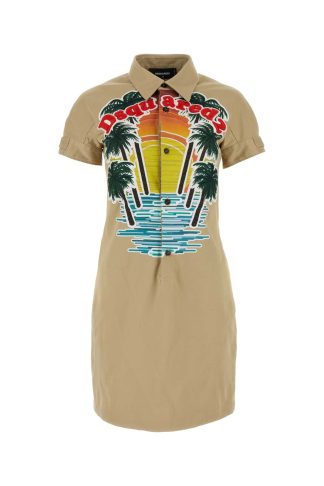 Dsquared2 Beige Stretch Cotton Sunset Shirt Dress