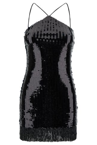 Taller Marmo Min Black Dress With All-over Sequins And Fringes In Fabric Woman