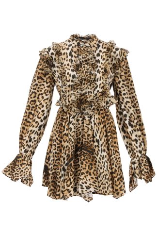 Roberto Cavalli Leopard Mini Dress With Ruffles And Asymmetrical Hemline