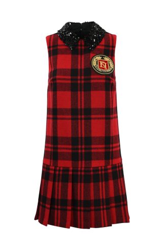 Elisabetta Franchi Tartan Wool Dress With Logo Patch