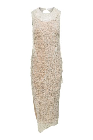 SportMax Maxi White Dress With String Of Pearls In Crochet Woman