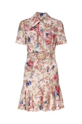 Zimmermann Linen Mini Dress With Floral Print And Belt