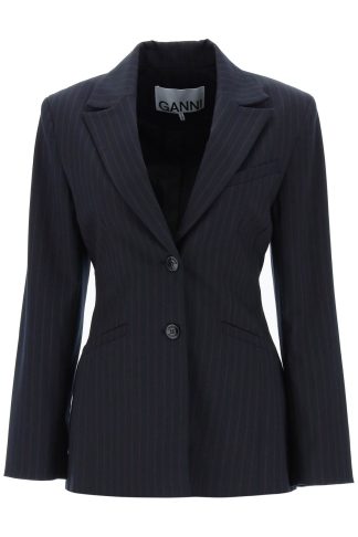 Ganni Dark Blue And Red Viscose Blend Blazer