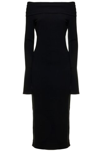 Black Midi Kaia Dress In Stretch Jersey Crepe With Off-the-shoulder Neckline The Andamane Woman