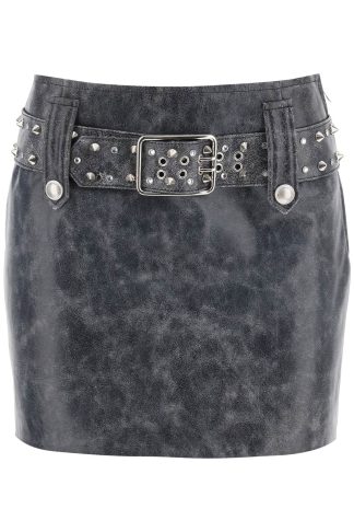 Alessandra Rich Leather Mini Skirt With Belt And Appliques