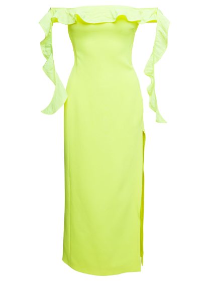 David Koma Yellow Long Off-shoulder Dress With Ruches Detail In Acetate Woman