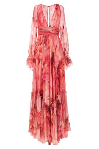 Roberto Cavalli Long Dress With Pink Plumage Print