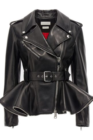 Alexander McQueen Biker Jacket With Peplum Hem And Belt