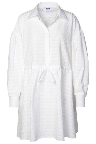 MSGM Short Dress With Adjustable Waist In White Cotton Seersucker