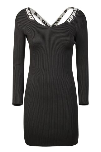 Off-White Ribbed Dress With Crossed Straps Detail Black